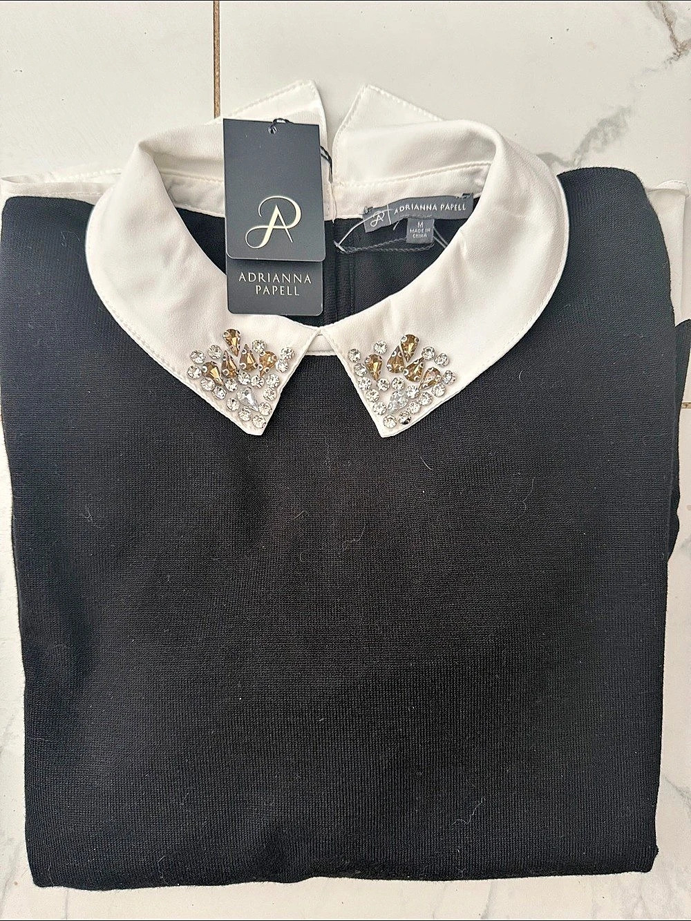 Adriana Papell Embellished Collar Top in Black & White Size Medium NWT